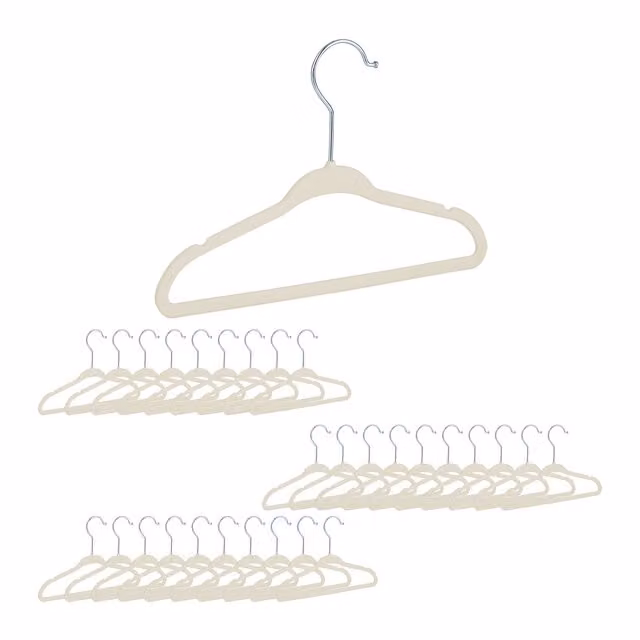 Set de 30 perchas infantiles de terciopelo antideslizantes Relaxdays con barra y muescas, color blanco o beige, An/P/Al: 18 x 28 x 0,5 cm