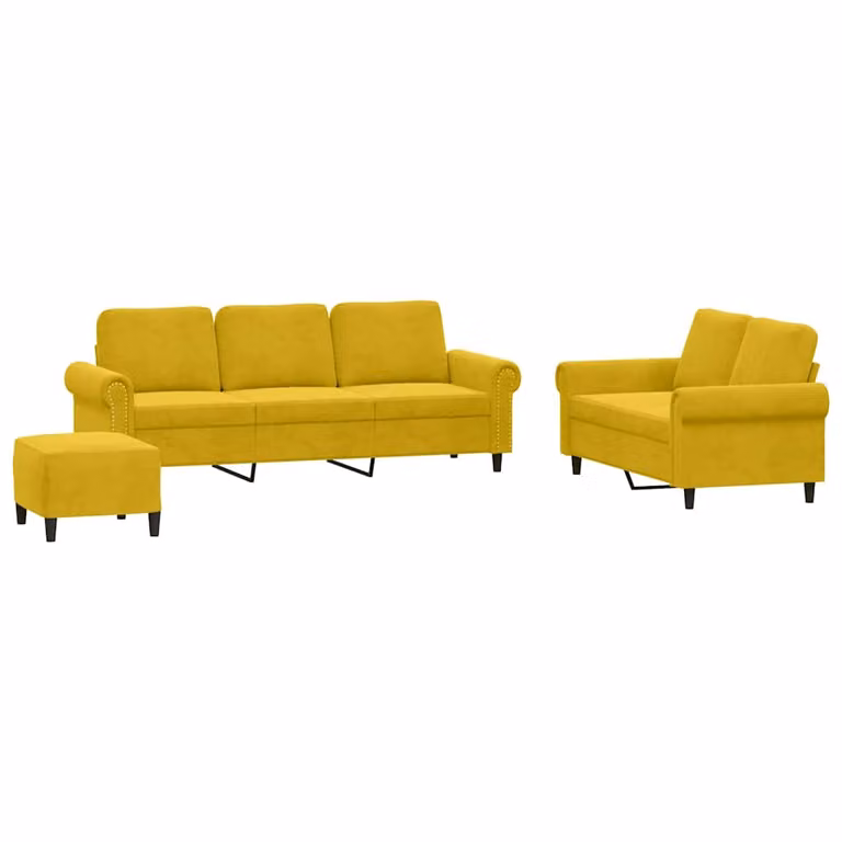 Juego de sofás vidaXL de 3 piezas en terciopelo amarillo con otomana y cojines para salón de estilo moderno