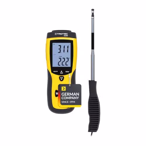 Anemómetro Trotec TA300 con sonda telescópica en negro y amarillo e incluye certificado de calibración