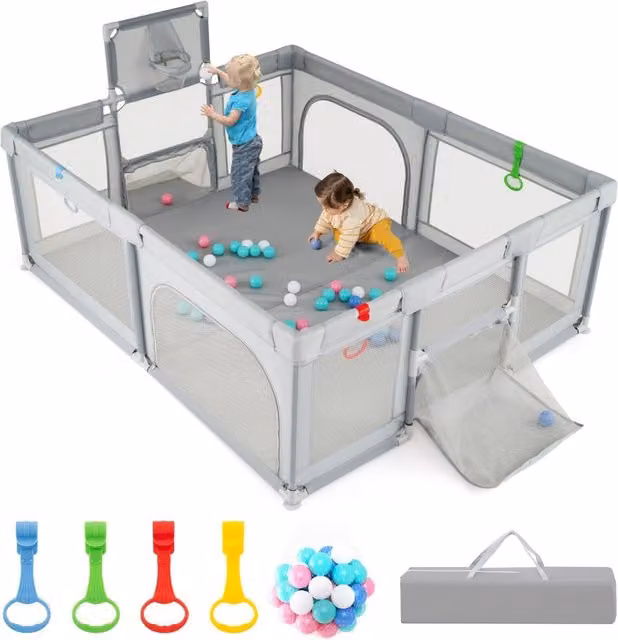 Corral de juegos para bebés NORTHIX plegable con canasta de baloncesto y portería de fútbol, multicolor, An/P: 188 x 157 cm