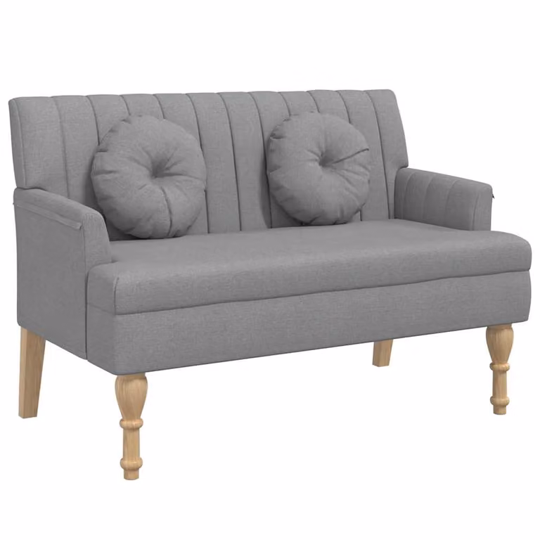 vidaXL Banco con cojines de tela gris claro y madera de caucho An/P/Al: 113 x 64,5 x 75,5 cm