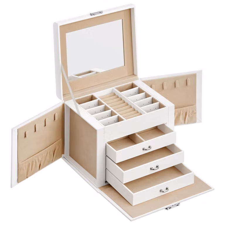 Caja joyero Songmics de madera con 4 niveles, 3 cajones, espejo, cerradura y asa en color blanco y forro beige, An/P/Al: 22.5 x 17.5 x 16.5 cm