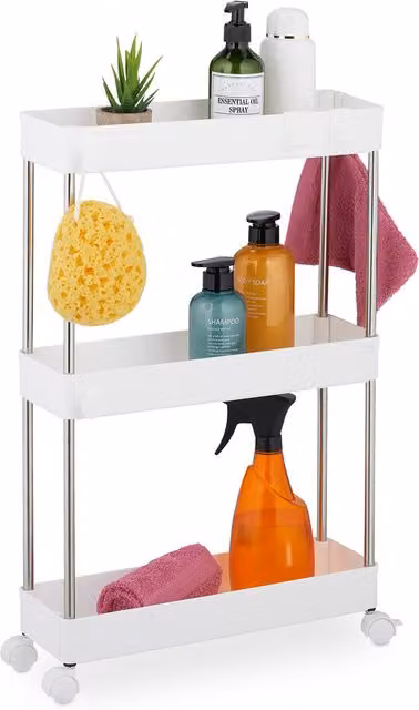 Carrito auxiliar estrecho de 3 niveles con ruedas para cocina y baño relaxdays, blanco, An/P/Al: 62 x 41,5 x 14,5 cm