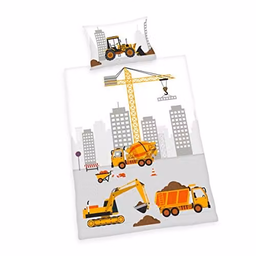 Juego de cama infantil Herding Jana con diseño de obras y vehículos, reversible, de algodón reforzado, multicolor. Incluye funda nórdica de 100 x 135 cm y funda de almohada de 40 x 60 cm.