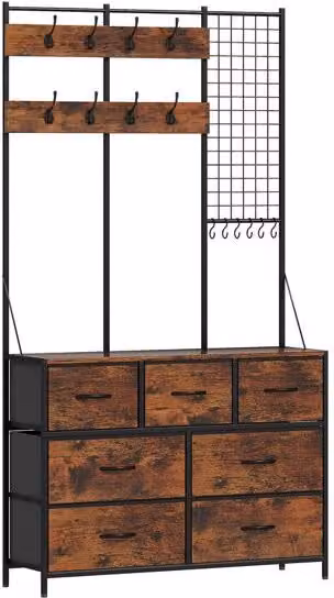 Perchero zapatero 4 en 1 Homcom de estilo industrial con 14 ganchos y 7 cajones de tela, color marrón rústico y negro, An/P/Al: 100 x 30 x 183 cm