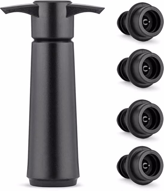 Bomba de vacío para vino DPZO con 4 tapones reutilizables en color negro para mantener el vino fresco