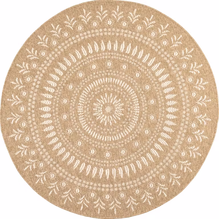 Alfombra Nazar de efecto yute con diseño oriental para interior y exterior en color blanco y beige, Diámetro: 80 cm