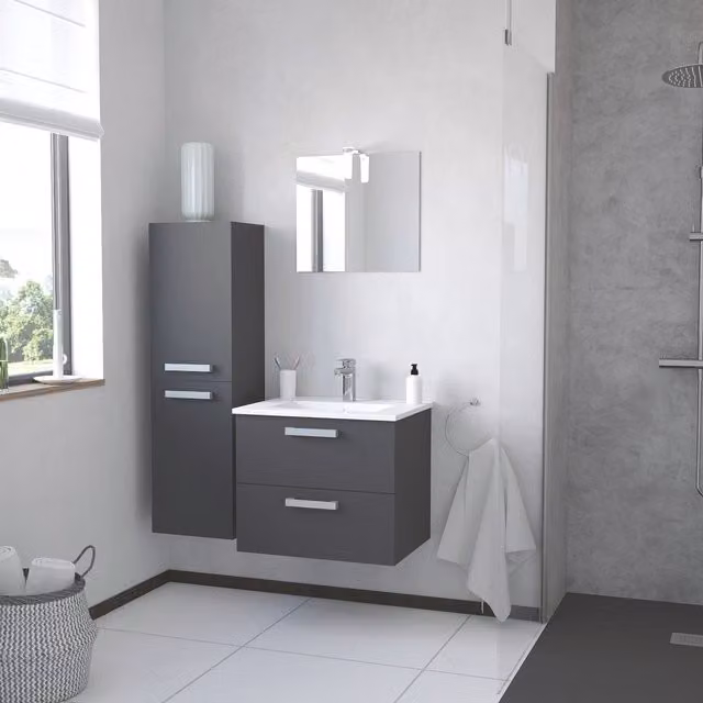 Mueble de baño colgante ONDÉE Smart con lavabo de cerámica y espejo con iluminación LED en color gris y blanco, An/P/Al: 60 x 46,5 x 52 cm