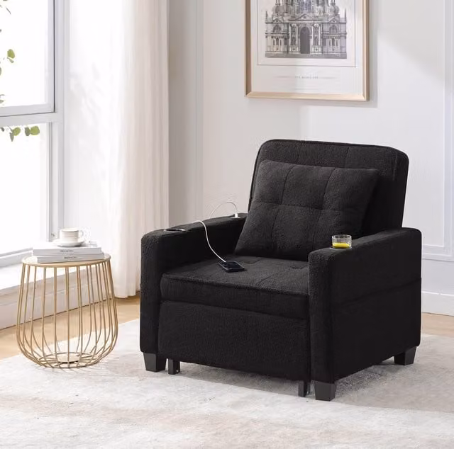 Sillón cama convertible OKWISH negro con reposabrazos y puerto USB, An/P/Al: 74 x 87 x 84 cm
