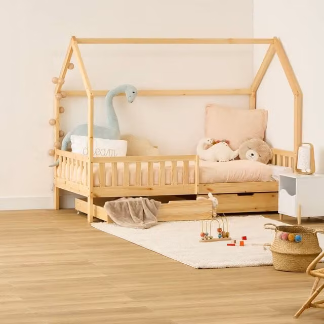 Cama cabaña infantil Bosco de Atmosphera con 2 cajones en madera de pino natural, Al x An x P: 194,8 x 98 x 155,5 cm