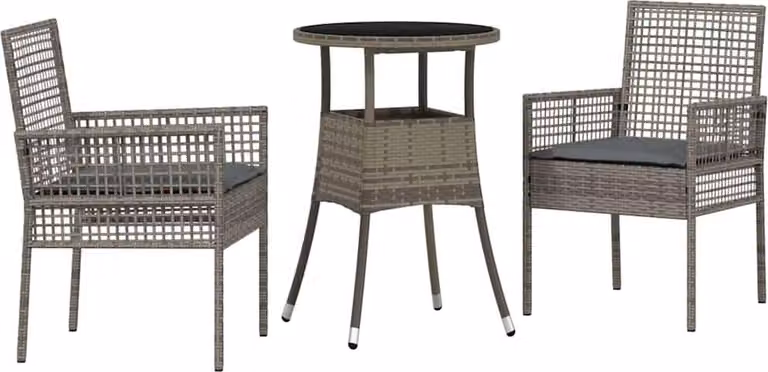 Conjunto de comedor de jardín Syfax de 3 piezas en ratán sintético gris con mesa de cristal redonda
