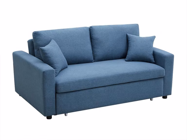 Sofá cama de 3 plazas de tela turquesa con estructura de madera sólida y función de cama extraíble INIZOR