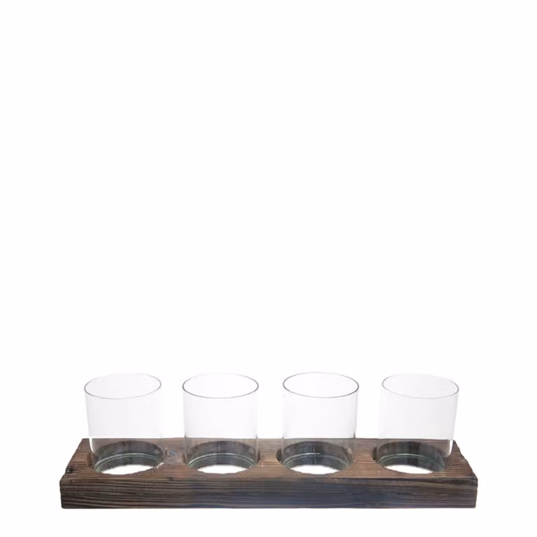 Juego de 4 portavelas para tealight Sia Deco de vidrio y madera en colores transparente y marrón, Altura: 14 cm