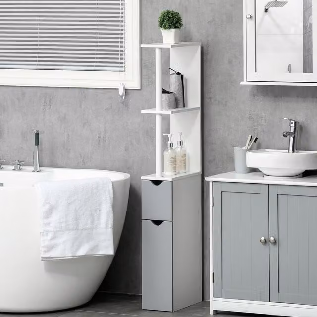 Armario de baño columna Kleinkin de estilo moderno con puertas y estantes abiertos, blanco y gris, An/P/Al: 15,2 x 29,8 x 118 cm