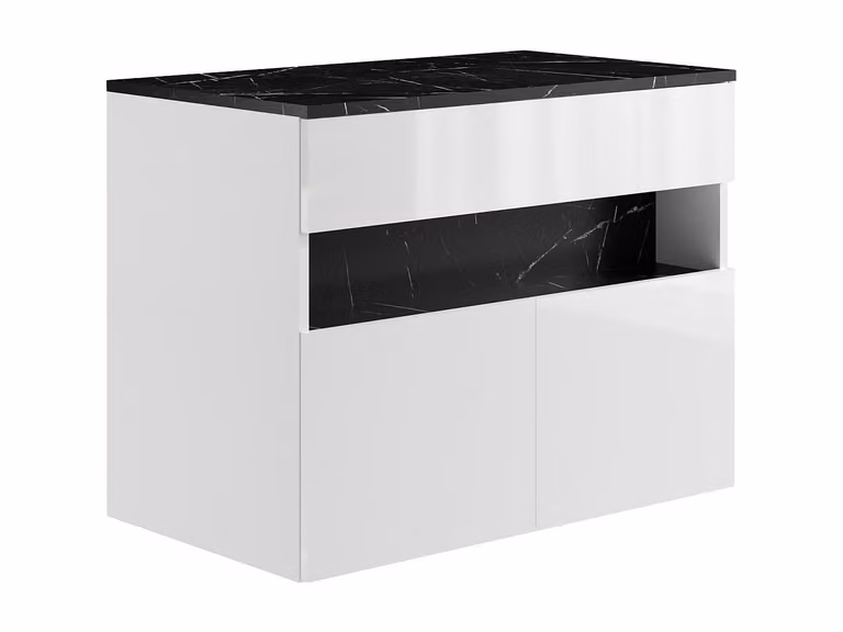 Mueble de baño flotante moderno POZEGA con luces LED y sensor, acabado blanco y negro brillante, Ancho: 80 cm