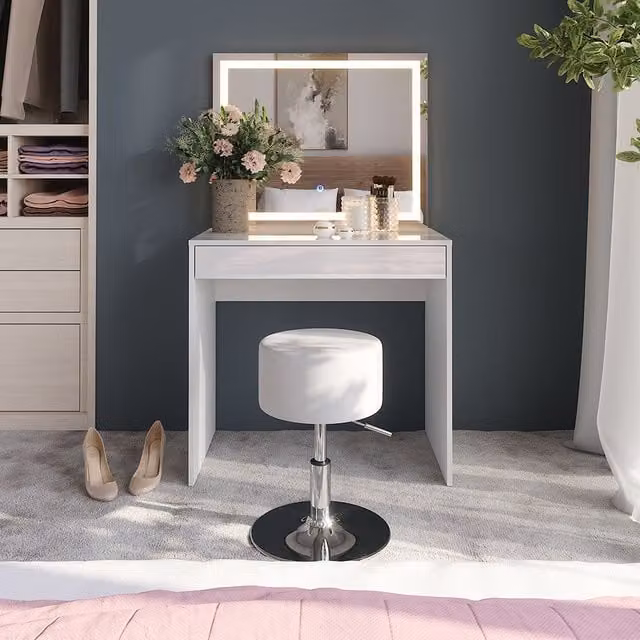 Tocador Sherry Vicco Blanco Alto Brillo con Espejo LED y Taburete An: 81.4 cm