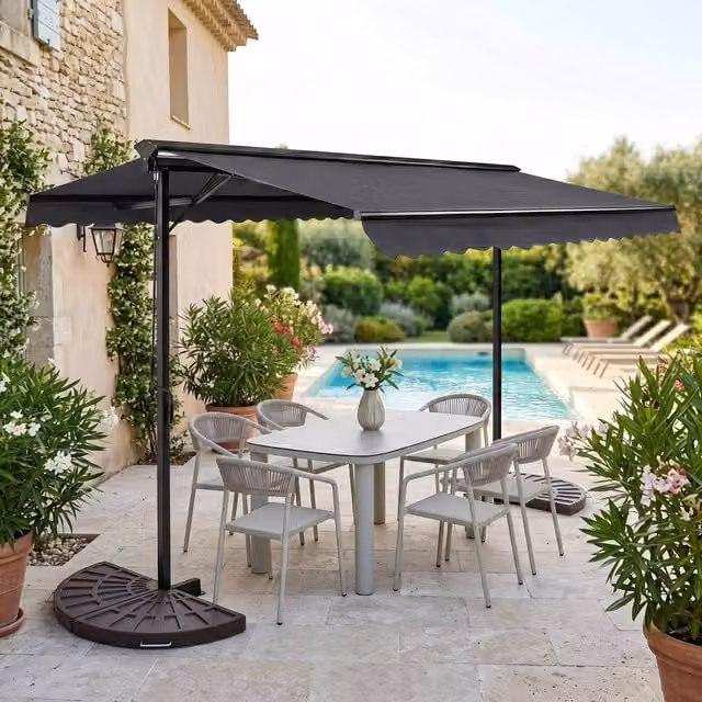 Toldo a dos aguas Oviala en color antracita con estructura de aluminio y acero, incluye 4 losas de peso de hormigón, An/P: 300 x 300 cm
