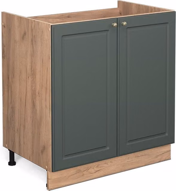 Armario bajo para fregadero Vicco Fame-Line estilo casa de campo en verde y dorado con puertas de cierre suave, An: 80 cm