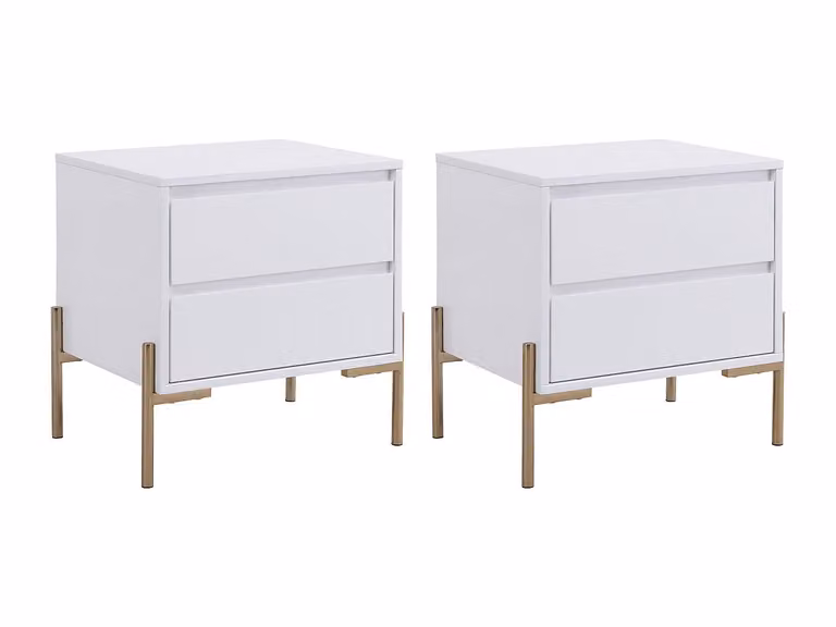 Conjunto de 2 mesitas de noche KORASA con 2 cajones, diseño Art Deco en MDF y metal, color blanco lacado y dorado