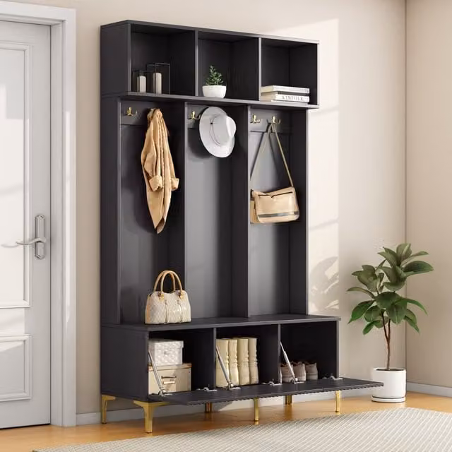 Aparador de entrada con banco de almacenamiento DREAMMESPACE en negro con detalles dorados, diseño moderno de frentes acanalados, An/P/Al: 120 x 40 x 191,5 cm