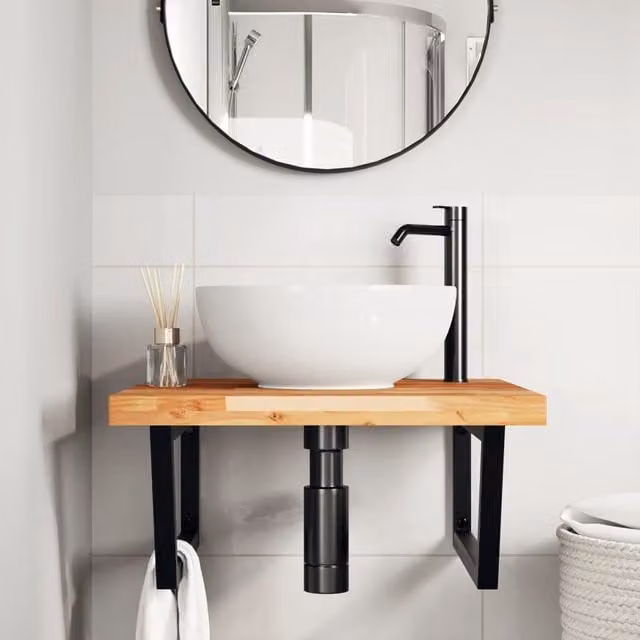 Estante de lavabo de pared SYFAX en madera de acacia aceitada y metal negro y marrón An/P/Al: 60 x 30 x 60 cm