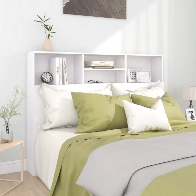 Cabecero con armario y estantes integrados Maison Chic en madera blanca para dormitorio An/P/Al: 140 x 19 x 103,5 cm