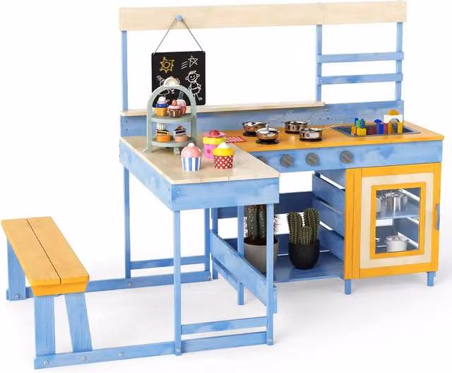 Cocina de barro para niños con mesa de picnic NORTHIX en madera y acero inoxidable, color gris y multicolor