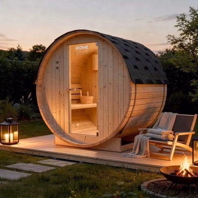 Sauna de barril exterior Home Deluxe LAHTI M de madera color marrón para 2 personas An/P/Al: 195 x 120 x 120 cm