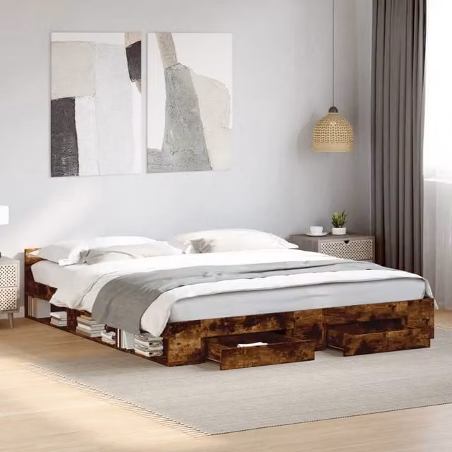 Cama con cajones Maison exclusive en madera de ingeniería color roble ahumado de 200 x 200 cm