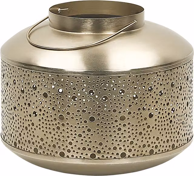 Linterna portavelas decorativa Beliani de metal y hierro en color dorado con diseño geométrico estilo glamour para mesa, Altura: 22 cm