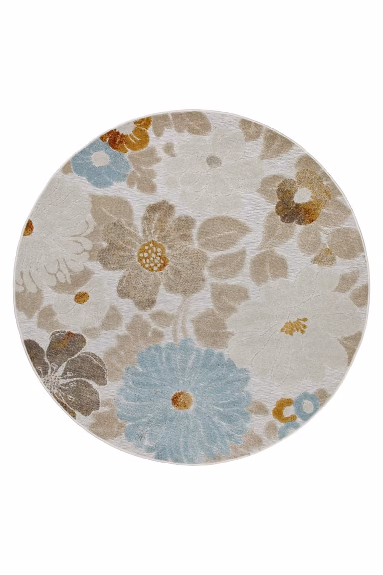 Alfombra redonda Wecon Home con diseño floral y relieve para interior y exterior, beige y multicolor, Diámetro: 200 cm