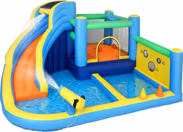 Castillo Hinchable Acuático AIYAPLAY Multicolor con Tobogán, Trampolín, Escalada y Soplador de 550W para Piscinas