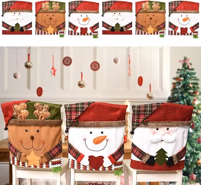 Juego de 6 fundas de lino para respaldos de sillas de comedor Coocheer con motivos navideños de Papá Noel, muñeco de nieve y reno en colores rojo y multicolor