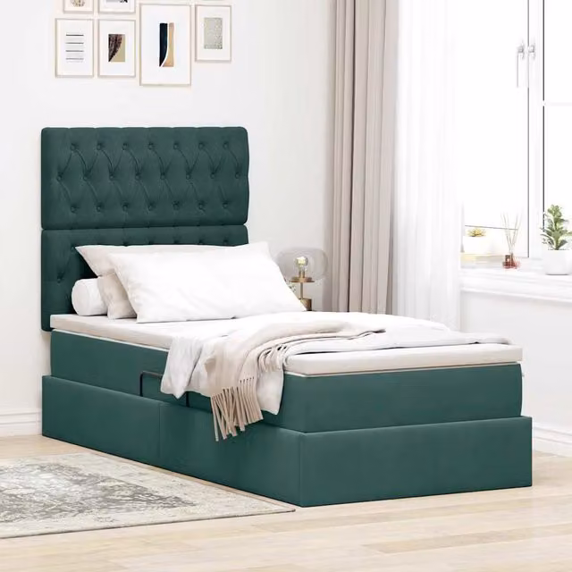 Cama Maison Exclusive con almacenamiento y colchón híbrido en terciopelo verde, An/P/Al: 90 x 200 x 45 cm