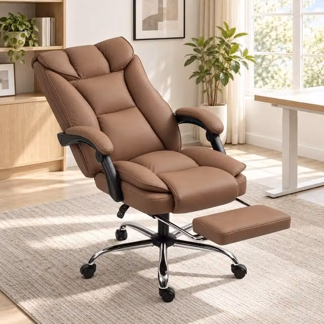 Silla de oficina ejecutiva Homcom en cuero sintético marrón con reposapiés, reclinable y altura ajustable, An/P/Al: 66 x 72 x 121 cm