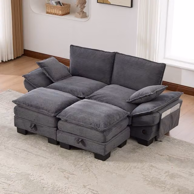 Sofá Modular de 2 Plazas KELLANY en Pana Gris con 2 Otomanas, Diseño en L con Puerto de Carga USB y Acolchado de Espuma. An/P/Al: 190 x 132 x 84 cm