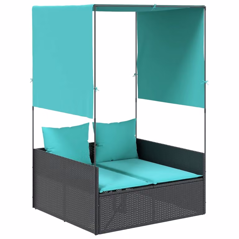 Tumbona doble con techo y cortinas vidaXL en poliratán negro para jardín