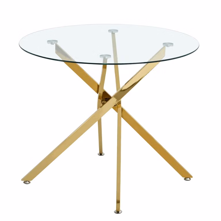 Mesa de comedor redonda MODFU de cristal transparente y patas de metal doradas An/P/Al: 80 x 80 x 76 cm