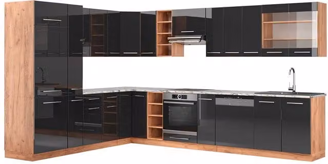 Cocina esquinera Vicco Fame-Line en antracita alto brillo y roble dorado An/P/Al: 347 x 257 x 60 cm