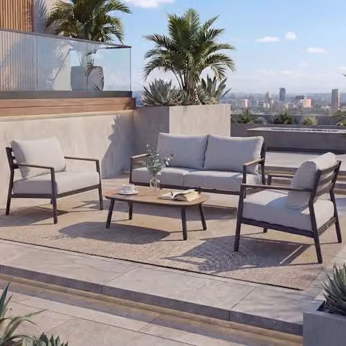 Conjunto de salón de jardín Mendler con sofá de 2 plazas, sillones, mesa de centro y cojines de tela olefina en aluminio lacado color gris
