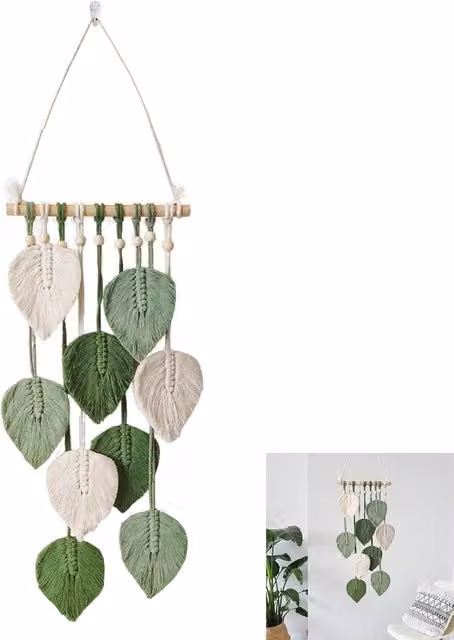 Tapiz de macramé bohemio Neptune con hojas de madera y diseño floral en verde y blanco, An/P/Al: 25 x 60 cm