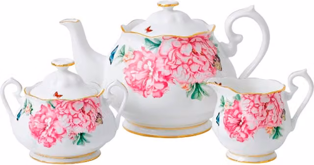Set de té Royal Albert Miranda Kerr con tetera, lechera y azucarero en bone china blanco, rosa y dorado con diseño floral