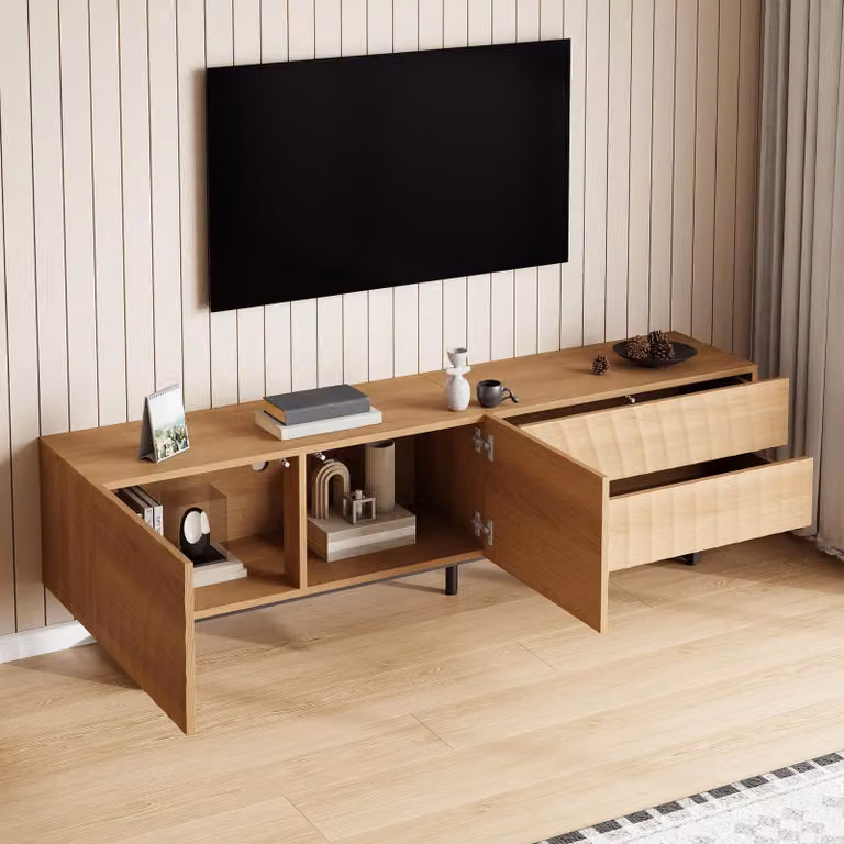 Mueble de TV Stilvora de estilo nórdico con 2 puertas y 2 cajones sin tiradores, acabado mate en colores beige y marrón, con pasacables, An/P/Al: 180 x 38 x 51,5 cm