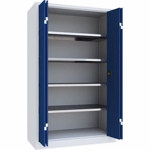 Armario de puertas plegables Certeo en gris y azul con estantes internos y cerradura, An: 120 cm, P: 60 cm, Al: 195 cm