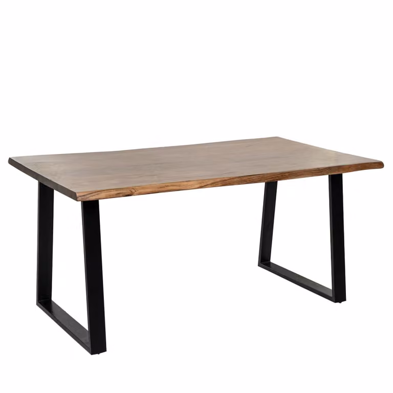 Mesa de comedor rectangular Koketto Home de madera de acacia y patas de metal negro en estilo rústico con acabado mate y borde natural