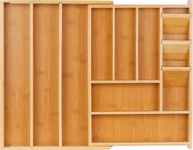 Cubertero extensible para cajón de relaxdays con 8-11 compartimentos, fabricado en bambú y MDF, color natural, An/P/Al: 32-54 x 5,5 x 42 cm