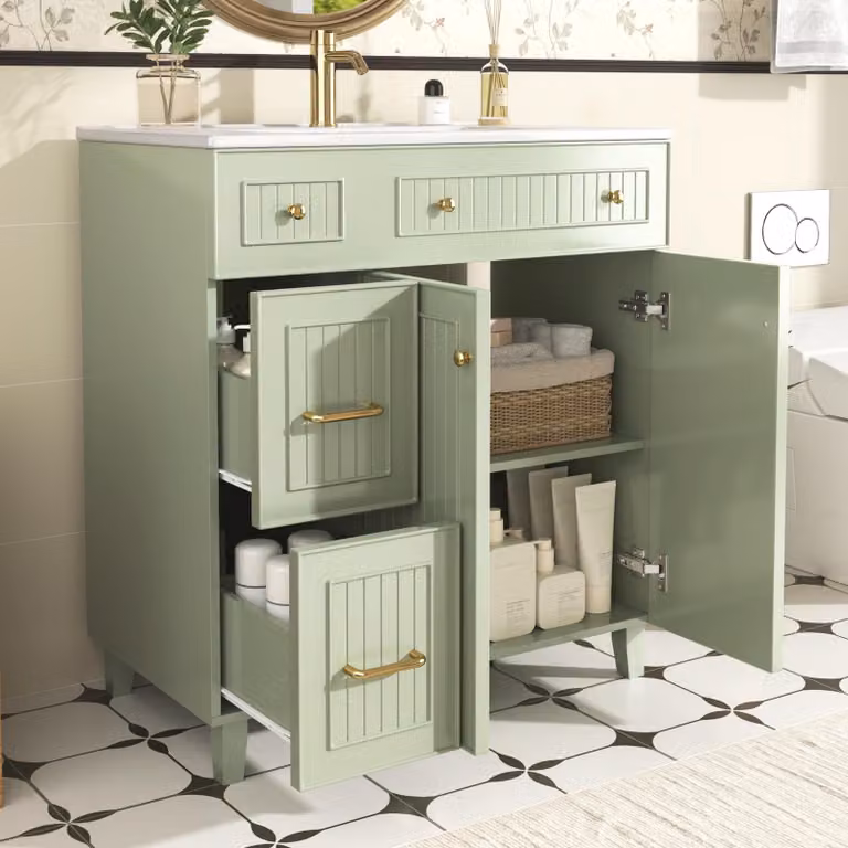 Mueble bajo lavabo STILVORA con lavabo de cerámica, armario de baño verde con cajones y puerta, superficie lacada y patas de madera de pino