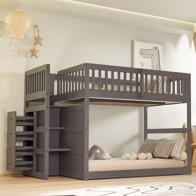 Litera baja de madera KELLANY para niños con compartimento de almacenamiento y barandilla de seguridad, color gris y blanco, An/P/Al: 200 x 140 x 145 cm