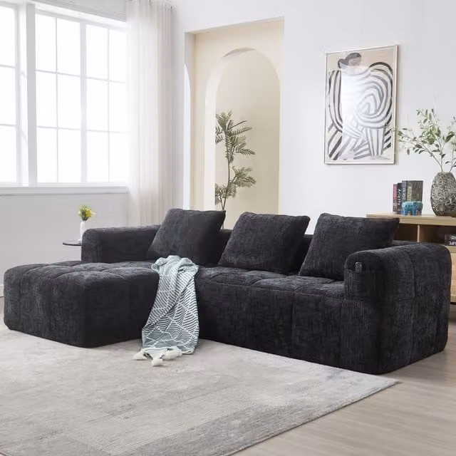 Sofá Modular de 3 Plazas KELLANY en Chenilla Negro con Chaise Longue y 3 Cojines