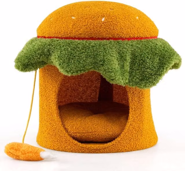 Cama cueva para gatos NORTHIX con cojín de felpa y juguetes integrados, color naranja y verde